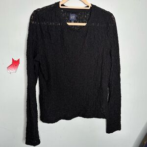Gap Long Sleeve Soft Stretch Knit Lace Cropped Tee Top Black Large 507660